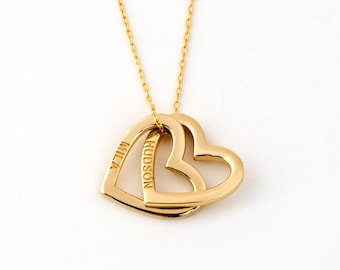 Engraved Two Heart Necklace in 14K Solid Gold | Interlocking Heart Name Necklace | 14k Gold Custom Necklaces | Intertwined Heart Necklace