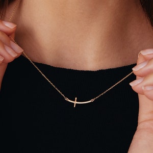 14K Solid Gold Curved Cross Necklace / Sideways Cross Necklace for Women / Christian Jewelry / Baptism Gift