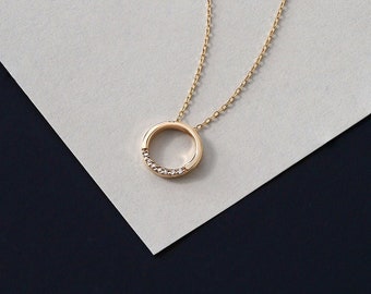 14k Gold Diamond Circle Pendant Necklace: Bezel Set Karma Necklace