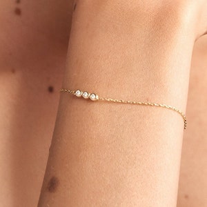 14K Solid Gold Diamond Bar Bracelet for Women | Dainty Diamond Trio Bracelet | Diamond Bezel Bracelet | 14K Real Gold Jewelry | Gift for Her