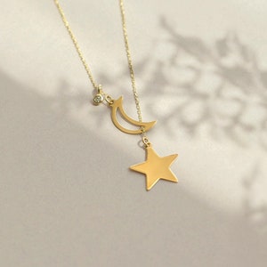 Moon Star Y-Necklace in 14k Solid Gold | Moon and Stars Lariat Pendant Necklace for Women | Diamond 14k Gold Jewelry | Gift for Women