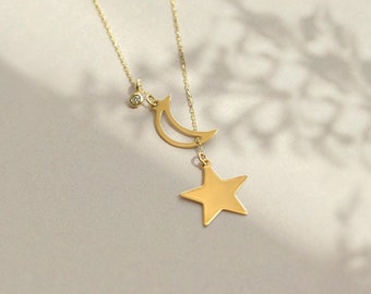 Moon Star Y-Necklace in 14k Solid Gold | Moon and Stars Lariat Pendant Necklace for Women | Diamond 14k Gold Jewelry | Gift for Women