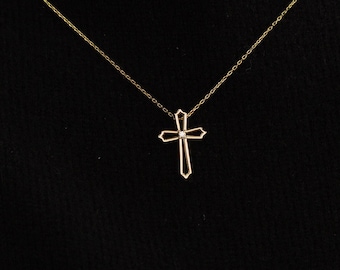 Solitaire Diamond Cross Necklace | Cross Necklace in 14k Solid Gold | Diamond Cross Pendant | Christian Faith Necklace | Baptism Gift