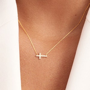 Diamond Sideways Cross Necklace | 14K Solid Gold Cross Necklace for Women | Diamond Cross Pendant | Christian Necklace | Baptism Gifts