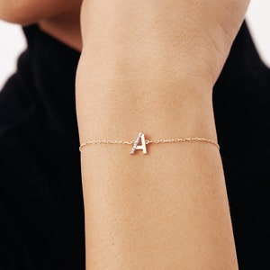 14K Solid Gold Halb Pave Diamant Buchstaben Armband | 14K Echtgold Diamant Initial Armband | Zierlicher Schmuck für Frauen | Geschenk für Sie