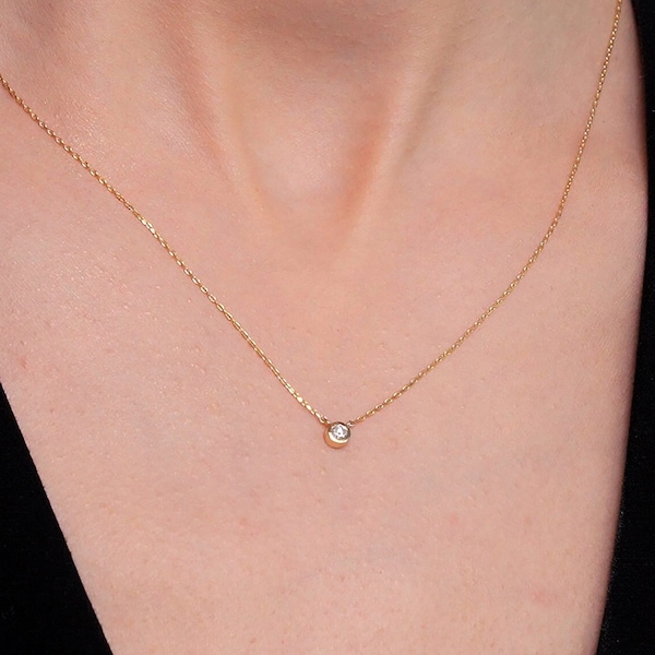 Diamond Solitaire Necklace in 14k Solid Gold | Diamond Bezel-Set Necklace | Diamond Layering Necklace | Floating Diamond | Bridesmaid Gift