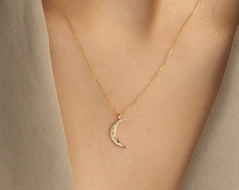 14k diamanten halve maan ketting | Sierlijke maan ketting voor vrouwen | Halve maan hanger | Moederdagcadeau | 14k geel-, rosé- of witgoud