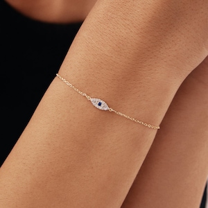 14K Gold Diamond Pave Evil Eye Bracelet: Dainty Protection Jewelry