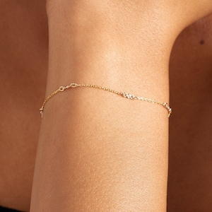 14k Solid Gold Diamond Station Bracelet | Diamond Bead Bracelet | 14k Gold Yard Bracelet | Gold Bracelet for Women | Genuine Diamond Jewelry