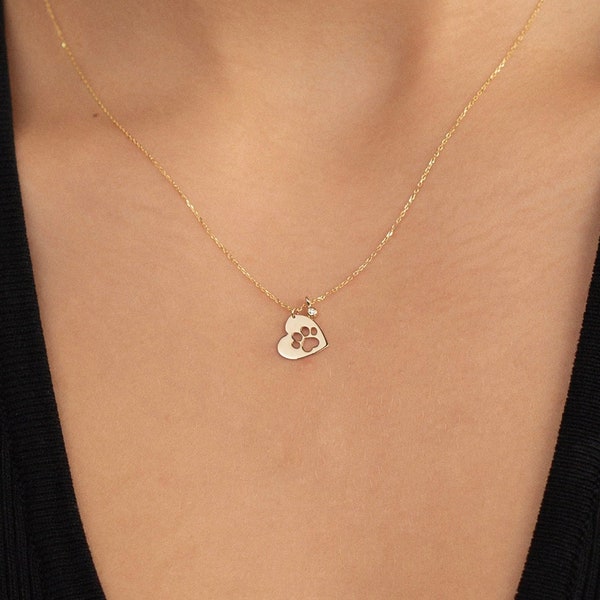 14K Solid Gold Diamond Paw Necklace | 14K Real Gold Pet Necklace | Pet Memorial Gifts | Dainty Gold Jewelry for Women | Gifts for Her