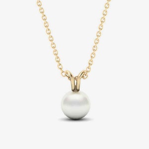 14k Solid Gold Solitaire Pearl Necklace: Dainty Wedding Jewelry