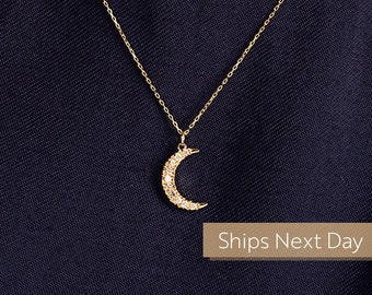 GELIN 14k Diamond Crescent Moon Necklace | .05ct Real Diamond Celestial Pendant | 14k Solid Yellow,Rose or White Gold Fine Jewelry for Women