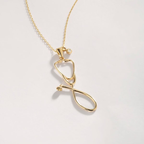 Diamant Stethoskop Halskette | 14k Solid Gold Minimalist Halskette | Schmuck für Doktoren, Krankenschwestern und Medizinstudierende Geschenk zum Abschluss