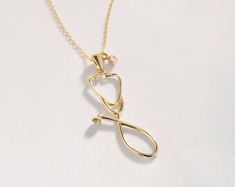 Collana con stetoscopio con diamanti / Collana minimalista delicata in oro massiccio 14k / Gioielli per medici, infermieri e studenti di medicina Regalo di laurea