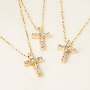 Diamant Kreuz Halskette 585er Gold für Damen Christlicher Glaube Halskette Religiöser Schmuck Echt Gold Kreuz Halskette Geschenk für Sie Bild 2