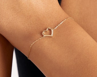 14k Solid Gold Heart Bracelet for Women | Heart Charm Bracelet | Dainty Diamond Love Bracelet | 14k Real Gold Jewelry | Gift for Women