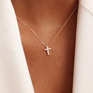 Diamond Cross Necklace in 10k or 14k Solid Gold: Dainty Pave Pendant for Women