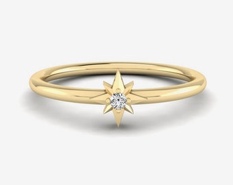 14K Solid Gold Diamond North Star Ring | Solitaire Diamond Ring for Women | Starburst Stacking Ring | 14K Real Gold Jewelry | Gift for Her