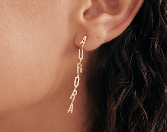 14K Gold Personalized Name Dangling Earrings: Custom Birthday Gift