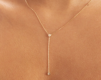 Diamond Y Necklace in 14k Solid Gold - Dainty Lariat Drop Chain Necklace for Women - Valentine's Day Gift for Women