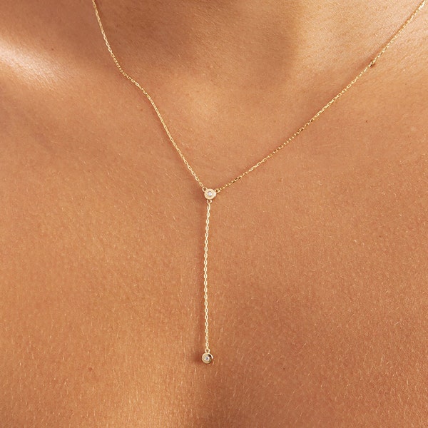 Diamond Y Necklace in 14k Solid Gold - Dainty Lariat Drop Chain Necklace for Women - Valentine's Day Gift for Women