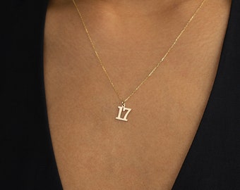 14K Solid Gold Custom Number Necklace | Number Jewelry | Date Necklace | Number Pendant Gift for Her | Football Necklace