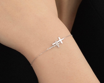 14K Solid Gold Diamond Horizontal Double Cross Bracelet | 14K Real Gold Two Cross Bracelet | Religious Gift for Women | Christian Jewelry