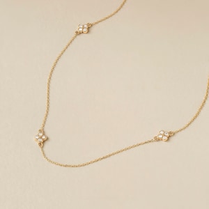 14k Gold Diamond Flower Station Necklace: Dainty Choker