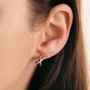 Diamond X Hoop Earrings in 14K Solid Gold | Criss Cross Earrings | Diamond Earrings in 14k Gold | Huggie Earrings for Women | Unique Gift