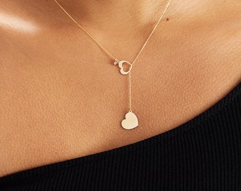 Diamant Herz Y-Halskette aus 585er Gold | Herz Anhänger Halskette für Frauen | 14K Gold Schmuck | 14K Gold Lariat Halskette | Geschenk für Frauen