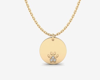 Paw Print Necklace with Small Diamond in 14k Solid Gold | Dog Paw Print Pendant Necklace | Dainty Gold Necklace | Gift for Best Friend