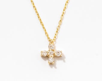 Collar con cruz de diamantes diminutos: colgante de fe en oro macizo de 14 quilates
