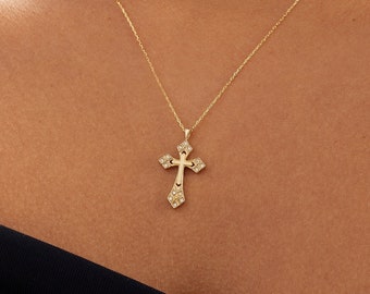 Diamond Cross Necklace in 14k Solid Gold for Women | Vintage Cross Necklace | Religious Necklace | Gold Faith Necklace | Valentines Day Gift