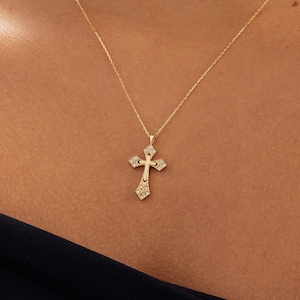 Diamond Cross Necklace in 14k Solid Gold for Women | Vintage Cross Necklace | Religious Necklace | Gold Faith Necklace | Valentines Day Gift