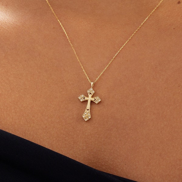 Diamant Kreuz Halskette in 585er Gold für Damen | Vintage Kreuz Halskette | Religiöse Halskette | Gold Glaube Halskette | Valentinstag Geschenk