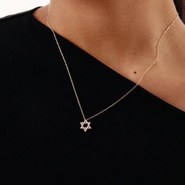 Diamond Star of David Necklace in 14k Real Gold | Gold Star Pendant Necklace for Women | Dainty 14k Gold Religious Jewelry | Gift for Women
