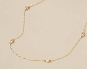14k Gold Diamond Station Necklace | 5 Stone Bezel Set Diamond Choker Necklace | Diamond by the Yard Necklace | 14k Solid Diamond Necklace