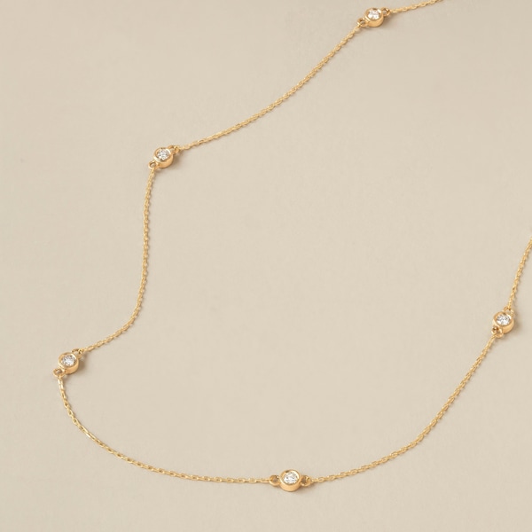 14k Gold Diamond Station Necklace | 5 Stone Bezel Set Diamond Choker Necklace | Diamond by the Yard Necklace | 14k Solid Diamond Necklace