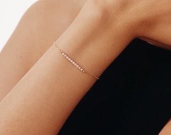 14k Gold Diamond Bar Bracelet: Dainty Bezel Set Jewelry