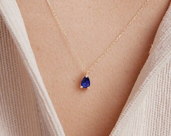 Diamond Teardrop Gemstone Necklace in 14K Solid Gold | Ruby, Emerald, Sapphire Necklace for Women | 14K Real Gold Jewelry | Gift for Her