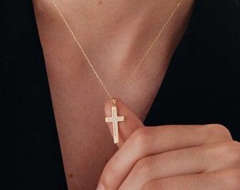 14K Solid Gold Diamond Cross Necklace | 14K Real Gold Diamonds on Cross Pendant Necklace | Religious Jewelry for Women | Christian Gift