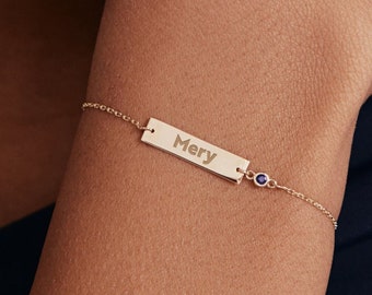 14K Massivgold Gravur Namensschild Armband | Personalisiertes Bar Armband | Zierliches Geburtsstein Armband | 14K Echtgold Schmuck | Geschenk für Sie