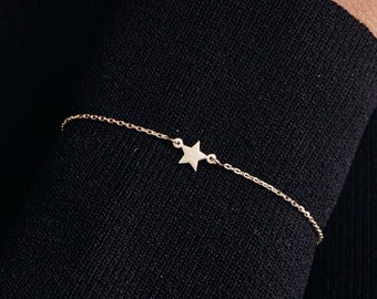 14K Solid Gold Star Bracelet for Women | 14K Gold Ball Station Bracelet | Dainty Celestial Bracelet | 14K Real Gold Jewelry | Gift for Her
