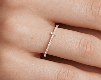 14K Solid Gold Diamond Cross Ring: Pave Stacking Jewelry