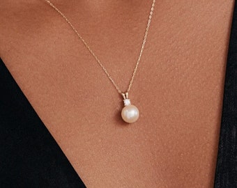 Pearl Solitaire Necklace in 14K Solid Gold | Bezel-Set Necklaces for Women | 14k Dainty Pearl Necklace | Bridal Necklace | Birthday Gifts