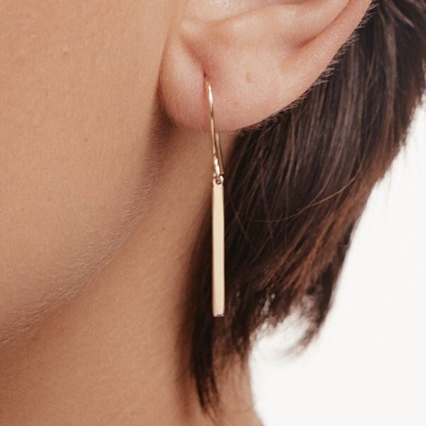14K Solid Gold Bar Dangle Earrings | Long Drop Earrings | Dainty Minimal Earrings | Real Gold Earrings for Women | Gift for Mom