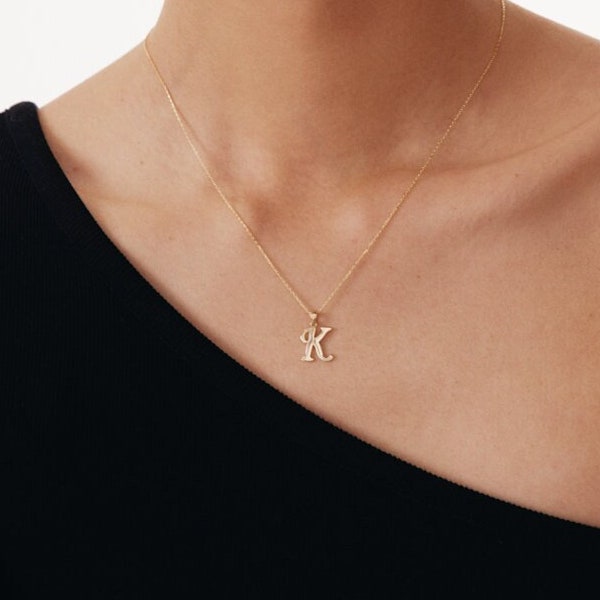 14K Solid Gold Dainty Script Letter Pendant Necklace | Custom Initial Necklace for Women | 14K Real Gold Personalized Jewelry  | Custom Gift