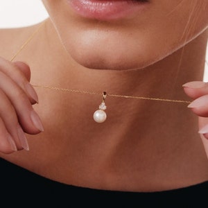 Diamond and Pearl Necklace 14k Solid Gold Pearl Necklace for Women Genuine Pearl Necklace Bridesmaid Gift image 1