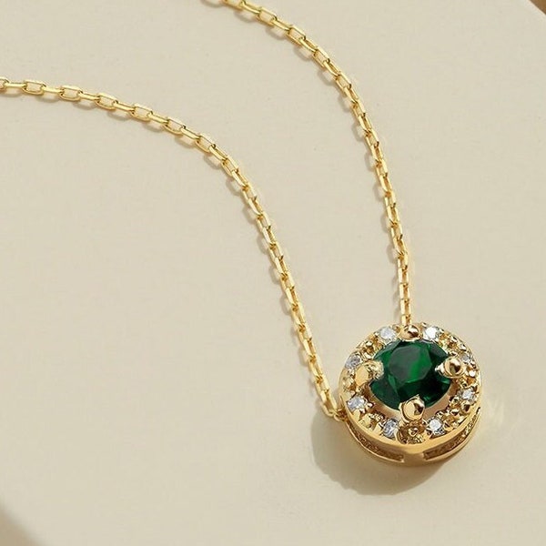 GELIN 14k Diamant-Smaragd-Halskette | 14k echter Diamant-Smaragd-Anhänger | Feiner Schmuck aus 14-karätigem Gelb-, Rosé- oder Weißgold für Damen
