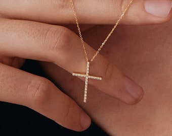 14K Solid Gold Diamond Pave Thin Cross Necklace | Real Gold Diamond Cross Pendant Necklace | Religious Jewelry for Women | Christian Gift